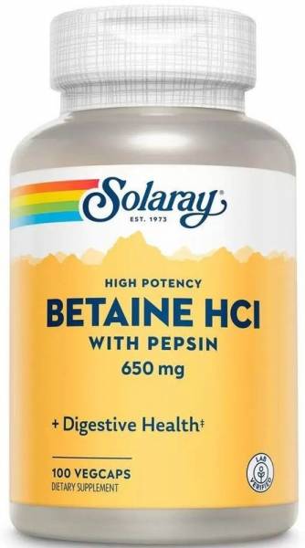 Solaray Betaine HCL with Pepsin 650 мг (Бетаин гидрохлорид) 100 капсул